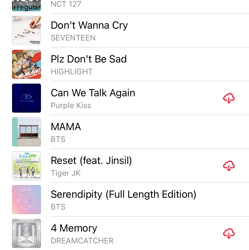 A few of the songs listed in the "it's your last day of school and you have taken off your coat" playlist:
1. Don't Wanna Cry by SEVENTEEN
2. Plz Don't Be Sad by HIGHLIGHT
3. Can We Talk Abgain by Purple Kiss
4. MAMA by BTS
5. Reset (feat. Jinsil) by Tiger JK
6. Serendipity (Full Length Version) by BTS
7. 4 Memory by DREAMCATCHER