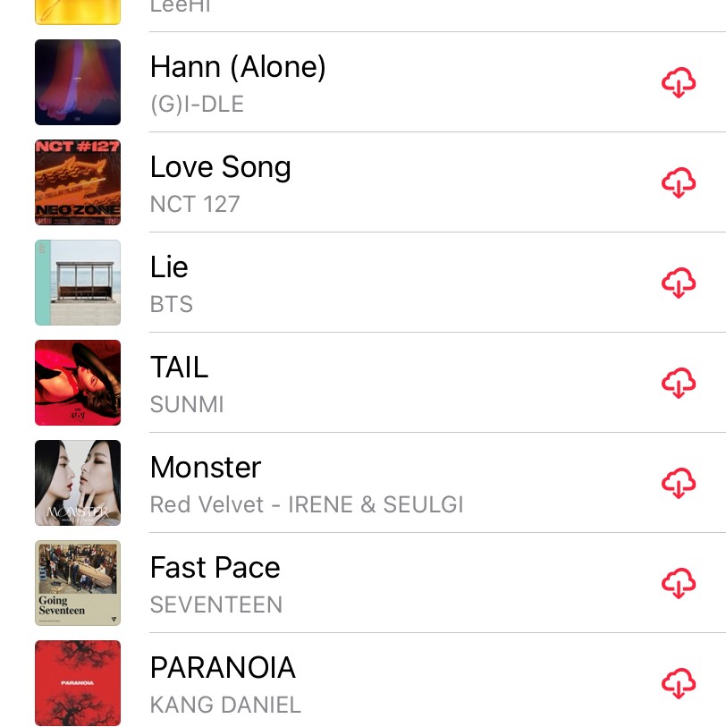 A few songs from the "the snake that tempted Eve stares you in the face, grinning like they've found gold" playlist:
1. Hann (Alone) by (G)I-DLE
2. Love Song by NCT 127
3. Lie by BTS
4. TAIL by SUNMI
5. Monster by Red Velvet - IRENE & SEULGI
6. Fast Pace by SEVENTEEN
7. PARANOIA by KANG DANIEL
