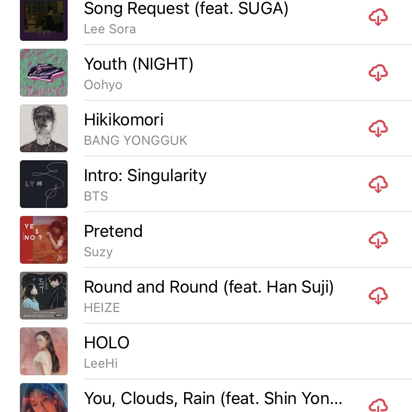 A few songs in the "walking in a rainy city at 11:47 P.M. after experiencing severe heartbreak" playlist:
1. Song Request (feat. SUGA) by Lee Sora
2. Youth (NIGHT) by Oohyo
3. Hikikomori by BANG YONGGUK
4. Intro: Singularity by BTS
5. Pretend by Suzy
6. Round and Round (feat. Han Suji) by HEIZE
7. HOLO by LeeHi
8. You, Clouds, Rain (feat. Shin Yong Jae) by HEIZE