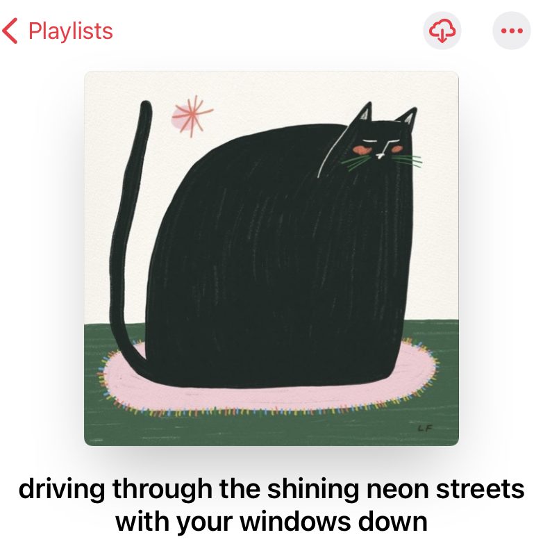 A playlist titled, "driving through the shining neon streets with your windows down."