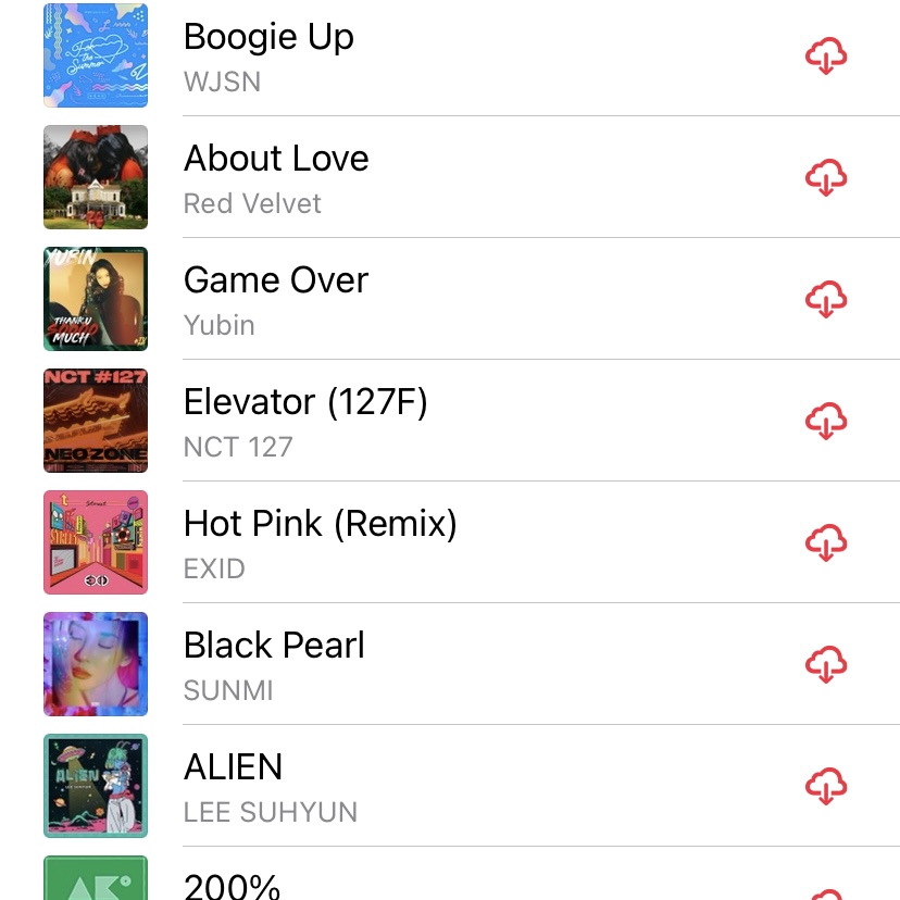 A few songs in the "driving through the shining neon streets with your windows down" playlist:
1. Boogie Up by WJSN
2. About Love by Red Velvet
3. Game Over by Yubin
4. Elevator (127F) by NCT 127
5. Hot Pink (Remix) by EXID
6. Black Pearl by SUNMI
7. ALIEN by LEE SUHYUN
8. 200% by AKMU