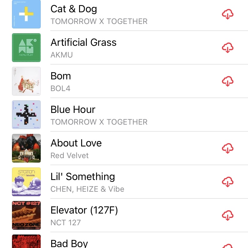 A few of the songs in the "skipping past the benches of a park, thinking about that special someone: playlist:
1. Cat & Dog by TOMORROW X TOGETHER
2. Artificial Grass by AKMU
3. Bom by BOL4
4. Blue Hour by TOMORROW & TOGETHER
5. About Love by Red Velvet
6. Lil' Something by CHEN, HEIZE, & Vibe
7. Elevator (127F) by NCT 127, a duplicate from the previous playlist
8. Bad Boy by Red Velvet