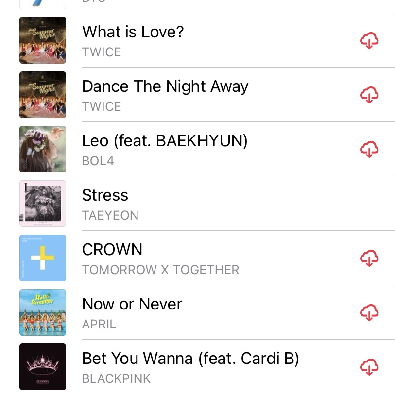 A few songs from the "laugh-attacks (in the fading summertime) with your closest friends" playlist:
1. What is Love? by TWICE
2. Dance The Night Away by TWICE
3. Leo (feat. BAEKHYUN) by BOL4
4. Stress by TAEYEON
5. CROWN by TOMORROW X TOGETHER
6. Now or Never by APRIL
7. Bet You Wanna (feat. Cardi B) by BLACKPINK
