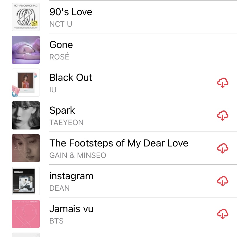 A few songs from the "the sharp, aching, giggling emptiness that comes after a three-night bender" playlist:
1. 90's Love by NCT U
2. Gone by ROSÉ by BLACKPINK
3. Black Out by IU
4. Spark by TAEYEON
5. The Footsteps of My Dear Love by GAIN & MINSEO
6. instagram by DEAN
7. Jamais vu by BTS